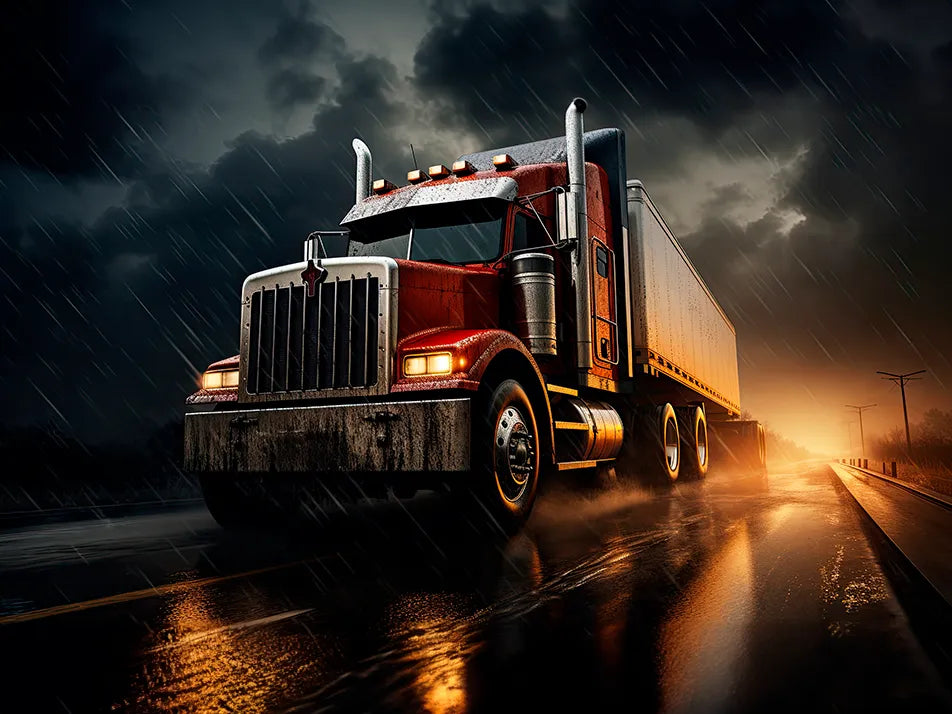 Camión pesado en carretera con lluvia