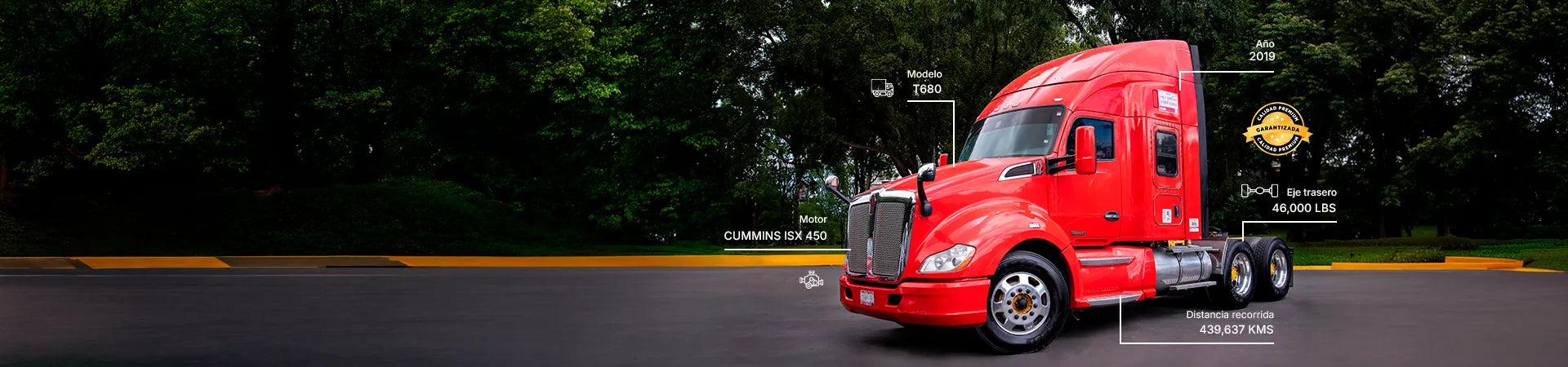 Tractocamión Kenworth T680 rojo 2019 con motor Cummins ISX 450 y eje de 46,000 lbs