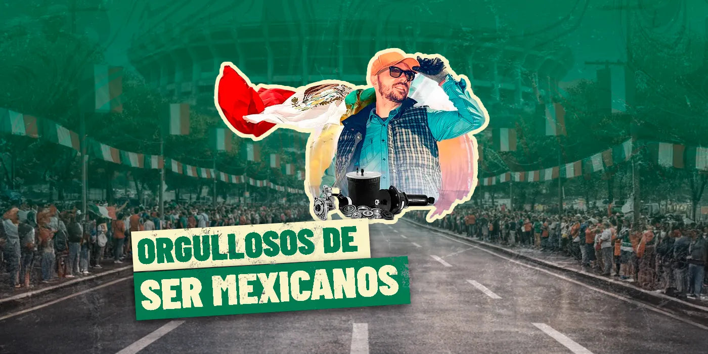 Frase Orgullosos de ser Mexicanos mostrando a un transportista con bandera nacional y piezas de motor para camiones.