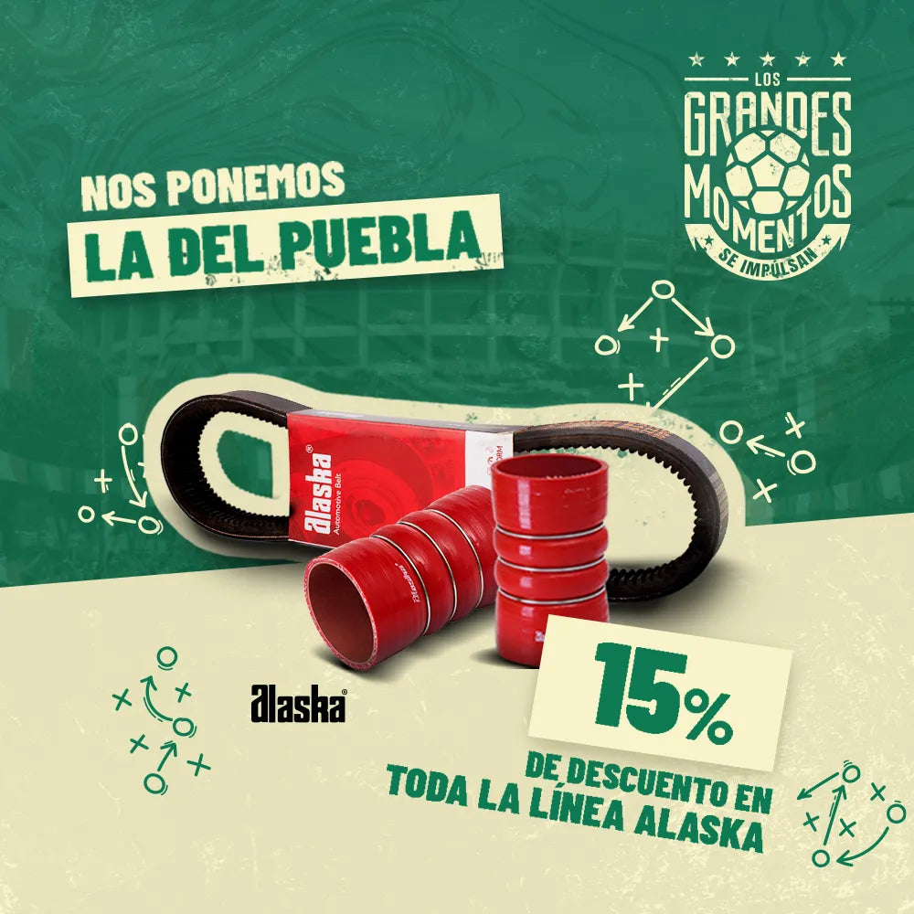 15% de descuento en bandas para motor diésel marca Alaska.