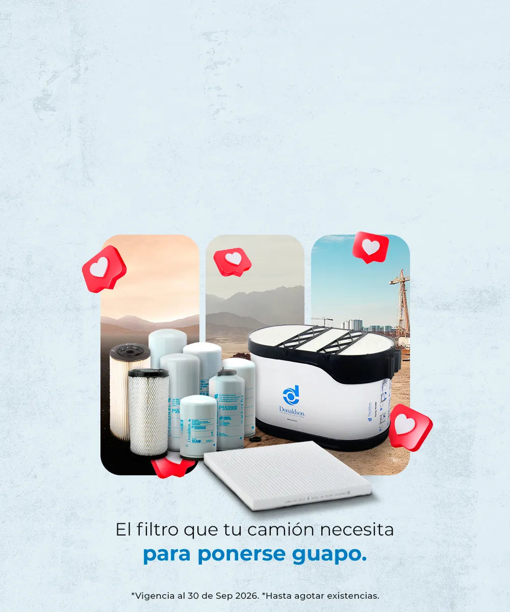 Filtros de aire, aceite y combustible Donaldson para mantenimiento de camiones y maquinaria pesada.